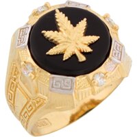 10k Two Tone Gold Onyx White CZ Cannabis Marijuana Pot Leaf Mens Ring