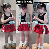 [10Kg-33Kg] Bộ quần áo ba lỗ thêu chữ, chân váy bí màu đỏ kẻ sọc viền Bé Gái Trẻ Em