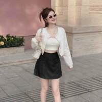 [1.1 Sales Freeship] Set 3 món tiểu thư nữ, set áo trắng 2 dây kèm áo khoác tay dài  phối chân váy ngẵn chữ A