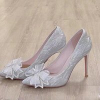 [1114 Lần Mua Lại] Giày Cao Gót Pha Lê Nơ 2025 Phong Cách Mới Người Lớn Lễ Pháp Stiletto Mũi Nhọn Đầm Ăn Tối Phong Cách Hàn Quốc Giày Cưới