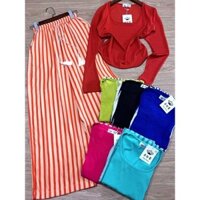 113.Soc2005 Set Bộ Tay Dài Cổ Vuông Quần Sọc Chất Đũi Kate Xô. Áo Form Ôm Ngắn, Chất Thun Gân Co Giãn.