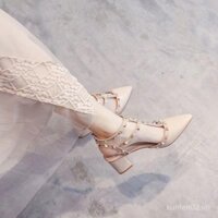 [1159 Người Đã Thu Thập] Dép Sandal Nữ Kiểu Mùa Xuân Thu 2025, Gót Chunky Kiểu Tiên Nữ, Mũi Nhọn Đính Đá, Gót Cao Da Sáng Chế, Giày Đế Trong Rỗng FKVQ