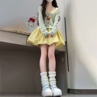 [1169 Người Đã Thu Thập] Bộ Ba Món Tính Khí Ngọt Ngào Áo Vest Vàng + Áo Sơ Mi Xanh + Váy Ngắn Phồng Có Nơ Hoa Vàng