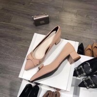 12-12 Giày gót vuông 3cm công sở nơ đen nude