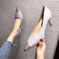 12-12 T1-6 giày cao gót mũi nhọn bọc kim gót tròn nhỏ ánh kim thời trang giày công sở