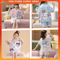 [12-47 kg] Bộ đồ ngủ lụa trẻ em cao cấp - Bộ bé gái mùa hè ngắn tay  hoạ tiết 3D đáng yêu