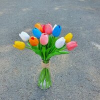 12 hoa tulip giả + 1 bình thuỷ tinh decor bình hoa để bàn bình hoa trang trí bình hoa tulip lọ hoa thuỷ tinh
