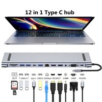 12 Trong 1 USB Loại C Hub Sang Dual HDMI 4K VGA RJ45 Ethernet SD TF Đầu Đọc Thẻ PD Sạc Jack Âm Thanh 3.5 Mm OTG USB 3.0 USB C Docking Station Cho Macbook Laptop Điện Thoại Di Động Máy Tính Bảng