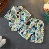 [120-170 size] Bộ Sơ Mi Cộc Tay Hoa Lá Thời Trang Cho Bé Trai Jean , quần áo bé trai