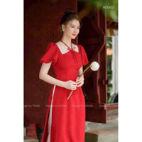 [12.12] Set áo dài cách tân đỏ mặc chơi TẾT cổ yếm nơ tay phồng quần trắng sang trọng hiện đại thanh lịch QC🌹🌹  ✔️✔️✔️