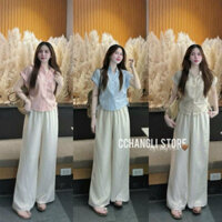 [12.12] Sét bộ thời trang nữ áo xốp kẻ sọc sơ mi tay hến phối túi rút dây eo hai bên mix quần ống rộng chất đũi xinh xắn