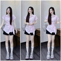 [12.12] Set bộ thời trang nữ chất áo lụa sọc cổ sơ mi đính nút tay ngắn cột dây eo quần kaki lưng thun ống đứng QC🌹🌹