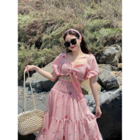 [12.12] Sét váy liền thời trang nữ chất xốp nhún hoa cột nơ ngực chạy mocking váy xoè nhún bo eo dài maxi QC🌹🌹  ✔️✔️✔️