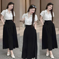 [12.12] Set váy thời trang nữ áo tay ngắn cổ sơ mi chất đũi vân mây mix chân váy xòe tuyết mưa phong cách công sở xinh x