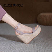 12cm Ống Hút Dệt Dày Đế Nêm Giày Sandal Nữ Mùa Hè 2024 Phong Cách Mới Chống Thấm Nước Nền Tảng Dây Đeo Đế Bằng Giày Cưới Màu Khỏa Thân Giày Cao Gót