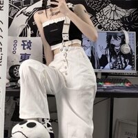 1304 lần mua lại quần yếm một mảnh màu trắng Quần dài nữ sinh quần bò dây chéo một bên vai cạp cao tôn dáng thiết kế dáng gầy huhu01.vn3.5