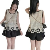 135.400 set 3 món bộ đồ áo ba lỗ  len lưới , cổ tròn  lai đan hoa + quần đùi + áo 2 dây