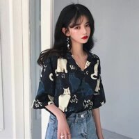 1374 Bộ Sưu Tập Người Retro Phong Cách Hồng Kông In Hình Học Sinh Phong Cách Phương Tây Lạ Mùi Cô Gái Rời Áo Sơ Mi Tay Ngắn