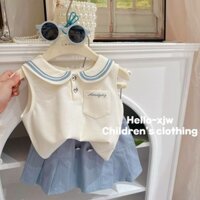 [1396 Yêu thích] Bộ đồ phong cách học viện cho bé gái mùa hè mới 2024, áo vest cổ xanh navy, chân váy nửa, bộ hai mảnh thời trang