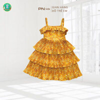 [14-20kg] Đầm hai dây tầng vàng chấm hoa kiểu dáng xoè nhẹ  chất liệu lụa mềm