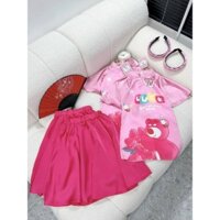 (14-40kg) Sét áo dài bé gái ,Set áo dài cách tân gấu dâu tay ống loe phối chân váy lụa kèm bờm cho bé gái diện lễ Tết,