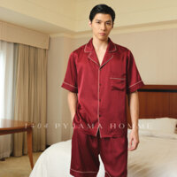 1404 Bộ Ngủ Nam Lụa Satin Pyjama Dáng Ngắn Màu Đỏ Đô Trơn / N0001-1