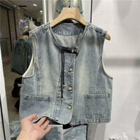 1422 Người Bộ Sưu Tập 2025 Mới Phong Cách Trung Quốc Khóa Đĩa Ngắn Denim Vest Nữ Không Tay Túi Lớn Áo Khoác Nhỏ 0314