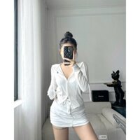 [147]-Áo cadigan nữ dài tay mỏng kéo khóa có mũ thun tăm dáng ngắn áo khoác len mỏng basic đen trắng sang chảnh