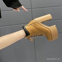 14CM Giày Boot Cao Gót Chunky Ngắn Giày Cao Gót Siêu Cao Dành Cho Hộp Đêm Gợi Cảm Chống Nước Đế Dày Buộc Dây Mẫu Trình Diễn Thời Trang Giày Bốt Trần Nữ SSBV