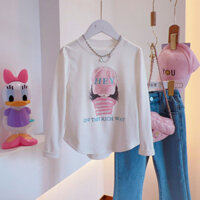 (15-55kg) Áo Thun Dài Tay Đuôi Tôm cho bé Gái, Đính Đá hình cô gái Hit Hot 2023