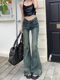 1520 Hot Girls Thiết Kế Eo Thấp Micro-flare Quần Jean Dành Cho Nữ Mỹ Retro Mỏng Và Đàn Hồi Cao Lông loe Quần