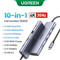 15601 (10in1) Ugreen HUB TypeC CM498 1x HDMI 4k30Hz, VGA FullHD, 3x USB 3.0, Lan 1Gbps, 3.5mm, SD/TF, Sạc PD 100W