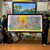 (1,5m) Tranh Tây Phương Tiếp Dẫn có đèn tráng gương decor góc tu tập quà tặng phật giáo