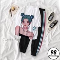 [16 Mẫu Mới] Set đồ bộ quần dài Jogger Sọc Ống Bo phối áo thun 3D Cô Gái Hàn Quốc Cao Cấp Form Rộng 38-65kg TUEANHSHOP