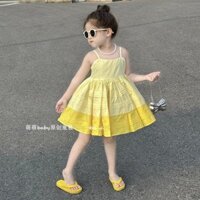 1.6000 Người Bộ Sưu Tập Quần Áo Trẻ Em Hàn Quốc Mùa Hè 2024 Chanh Vàng Sling Đầm Bé Gái Phong Cách Kỳ Nghỉ Xếp Ly Lớn Đầm Vest 25.3.11