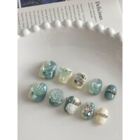 1630 Người Bộ Sưu Tập Handmade Mặc Móng Tay Xanh Nàng Tiên Cá Vỏ Ngắn Có Thể Tháo Rời Móng Tay Giả Miễn Phí Thạch Keo Và Chà Dải 3.24