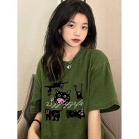 1674 Bộ Sưu Tập 100% Cotton Quân Đội Xanh Mỹ Retro Áo Thun Nữ Thiết Kế Niche Cảm Giác Vai Trước Rời Top Hợp Thời Trang
