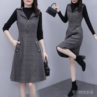 [1683 Mua lại] Đầm vest nữ một mảnh/bộ mùa thu đông, đầm không tay kẻ sọc len, dáng ôm vừa vặn, áo khoác dài vừa phải A-Line VY4M