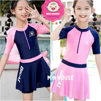(17-35kg dưới 1m3) Đồ bơi 2 mảnh áo tay ngắn + chân váy rời cho bé gái đi biển, du lịch
