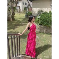 [170] Đầm maxi voan bèo tầng chéo cổ yếm dây hở lưng gợi cảm phù hợp di biển, đi chơi, có mút ngực