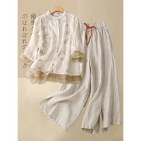 1810 Người Khen ngợi Mới Phong Cách Trung Hoa Vải Lanh Cotton Phù Hợp Với Nữ 2024 Giữa Mẹ Mặc Vải Lanh Cao Cấp Quần Ống Rộng Bộ Đồ Hai Mảnh 2.24