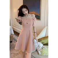 1842 Đầm A-line đơn giản kiểu Pháp mới 2025, thanh lịch, ôm sát, có nút, thời trang, trễ vai 6S0H