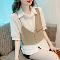 1842 Người Bộ Sưu Tập Thiết Kế Sense Niche Khâu Giả Hai Mảnh Cổ Áo Sơ Mi Nữ Độc Đáo Rời Sang Trọng Voan Top20250221R RR