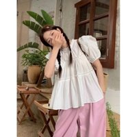 [18FashionForUs] Áo sơ mi nữ tay ngắn CỔ TÀU dáng babydoll cánh tiên bánh bèo chất đũi gân (hàng sẵn)