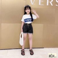 [19-35kg] Set áo phông trắng quần short jean bò lưng cao cho bé gái