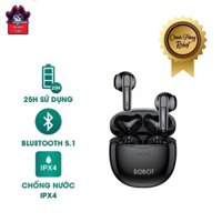 1.Tai nghe Bluetooth ROBOT Airbuds T10 TWS Black Chính hãng (Cảm ứng, 2 bên, v5.1, 5hrs, chống nước IPX4, Kèm cáp)