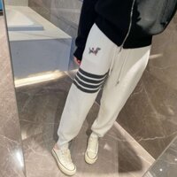 1Y0J Thom Browne Waffle Knit Jogger Casual Pants for Women, Autumn and Winter College Style, Small Dog Embroidery, Four-Bar Carrot Sweatpants, Long Pants