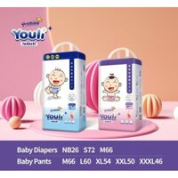 (2 bịch tặng chậu gấp gọn) Tã quần Youli Tý quậy siêu cao cấp NB26,S72,M66,L60,XL54,XXL50,3XL46