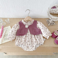 2 Bộ đồ liền thân cho bé Họa tiết hoa Bộ đồ liền thân dài tay cho bé + Áo ghi lê màu tím Quần áo sơ sinh 0-2 tuổi