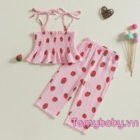 2 Bộ Trang Phục Bé Gái Tập Đi In Hình Dâu Tây Thắt Dây Đeo Camisole + Bộ Quần Ống Rộng